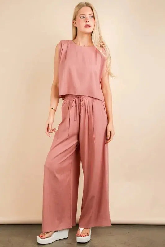 Women's Woven Matching Set Woven Top & Pants Set - Comfortable - Two-Piece Outfit