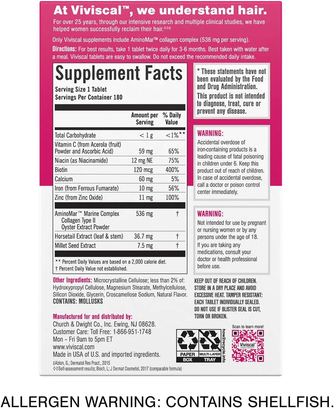 Viviscal Hair Growth Supplements For Women, 180 Tablets - Clearance Sale