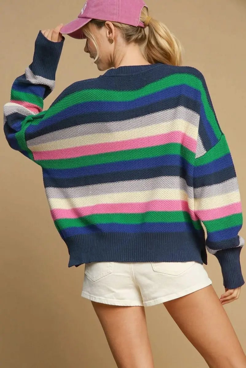 Sweaters Love Salve Green Striped Sweater Women's Daily Casual Top + Soft Knit
