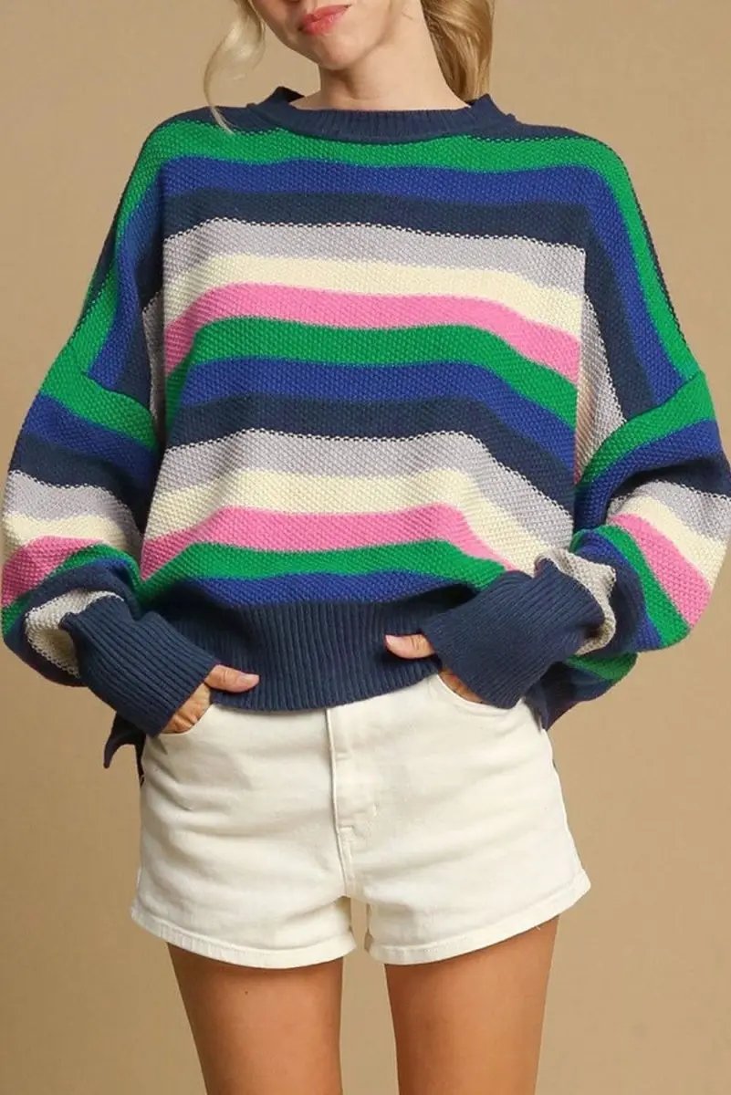Sweaters Love Salve Green Striped Sweater Women's Daily Casual Top + Soft Knit
