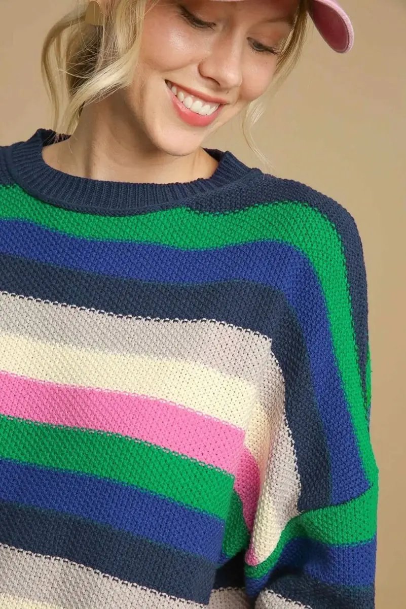 Sweaters Love Salve Green Striped Sweater Women's Daily Casual Top + Soft Knit