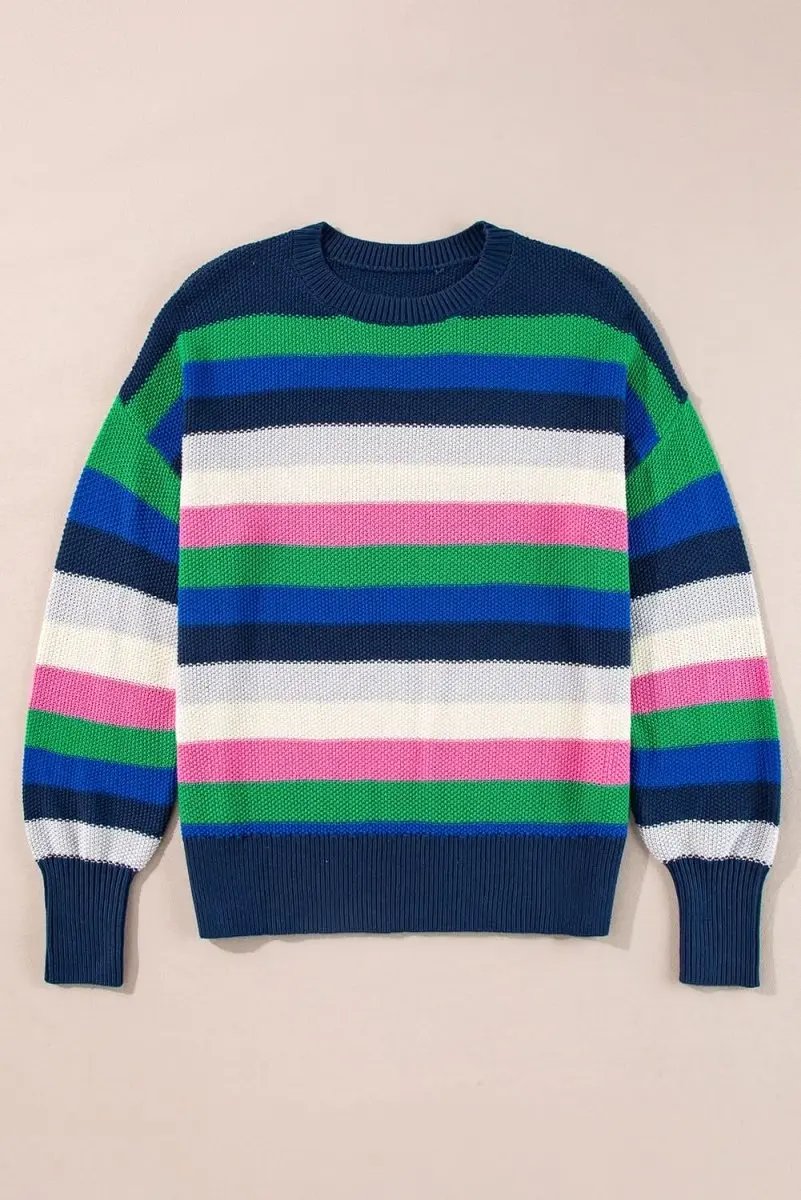 Sweaters Love Salve Green Striped Sweater Women's Daily Casual Top + Soft Knit
