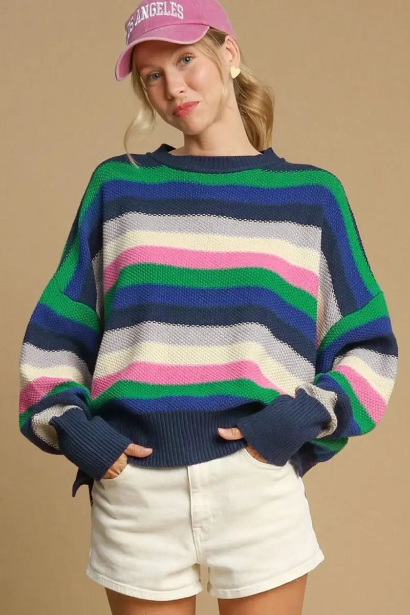 Sweaters Love Salve Green Striped Sweater Women's Daily Casual Top + Soft Knit