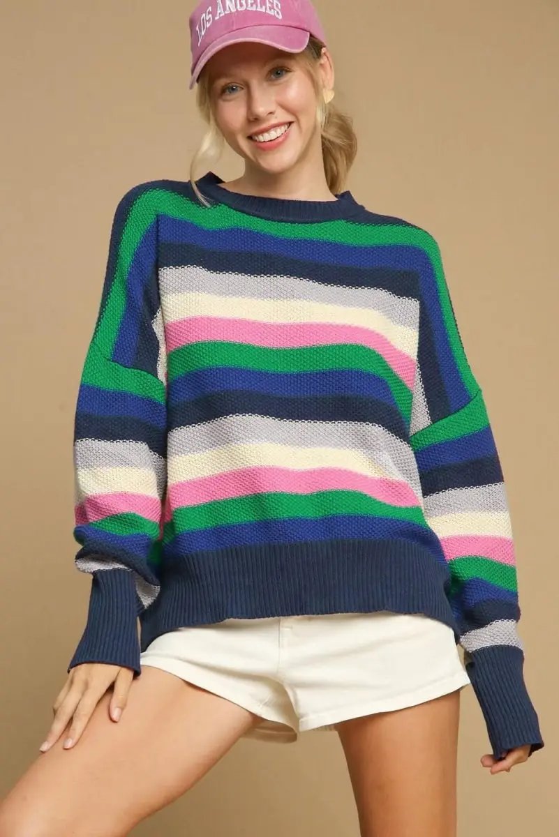 Sweaters Love Salve Green Striped Sweater Women's Daily Casual Top + Soft Knit