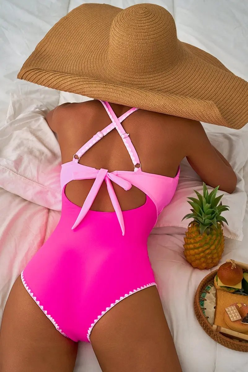 Accessories Love Salve Rose Red Cutout Swimsuit Vacation Women's One-Piece Ric Rac Trim, Patchwork