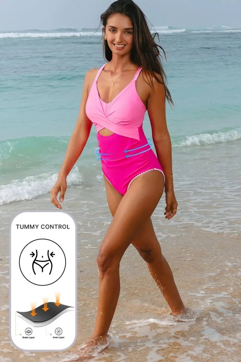 Accessories Love Salve Rose Red Cutout Swimsuit Vacation Women's One-Piece Ric Rac Trim, Patchwork