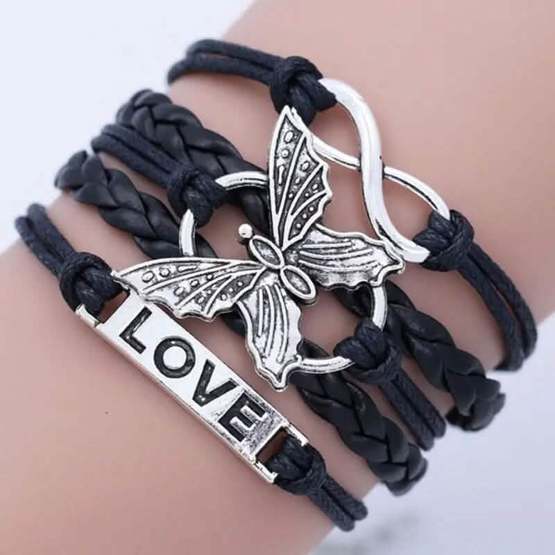 Vintage Handmade Multilayer Leather Bracelet with Letter Love and Butterfly