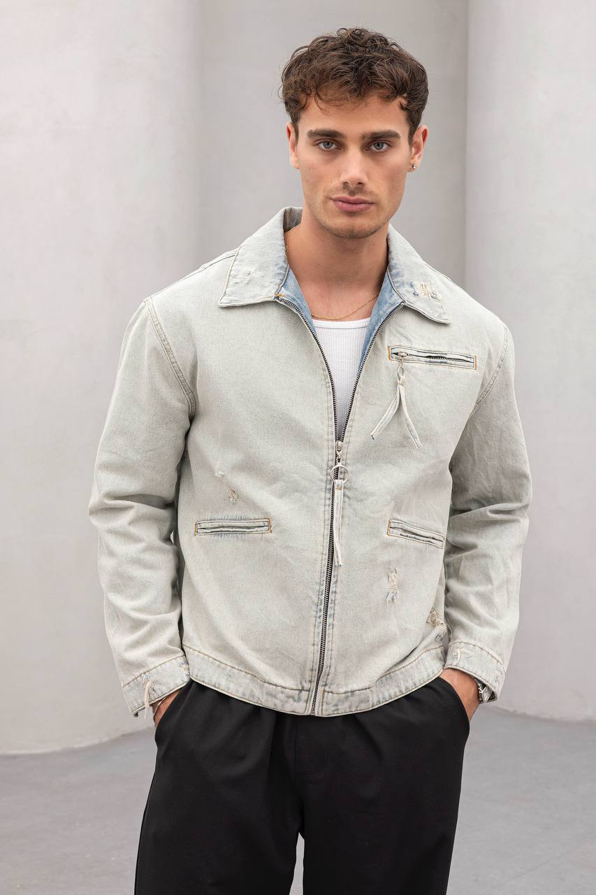 Chaqueta vaquera lavada vintage - Chaqueta vaquera informal de estilo urbano para hombre