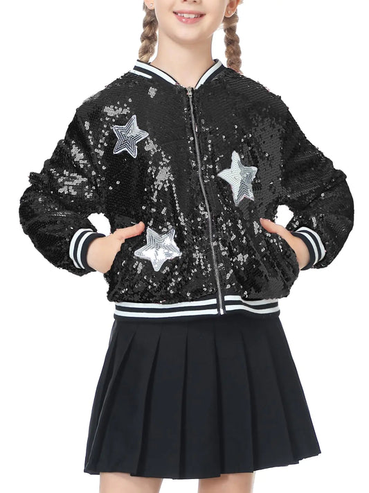 LOLANTA Girls Jacket Kids Sequin Jacket Long Sleeved Girls Fall Varsity Jacket (Black14-16)