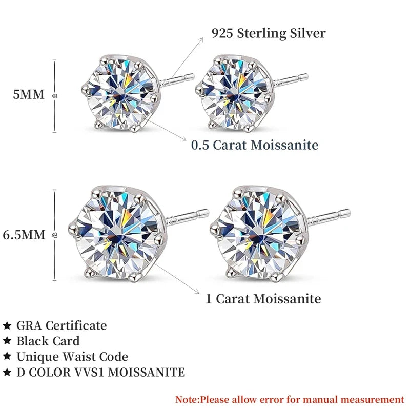 VVS D Color Russian Cut Moissanite Stud Earrings 1/2/4 CT S925 Sterling Silver