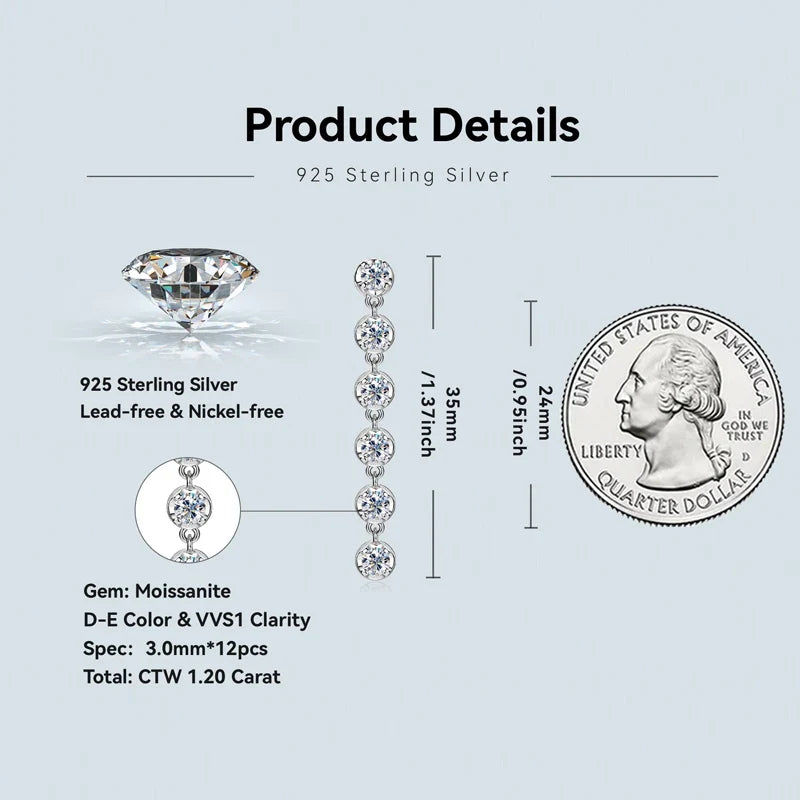 Six-Stone Moissanite Line Drop Earrings in Sterling Silver