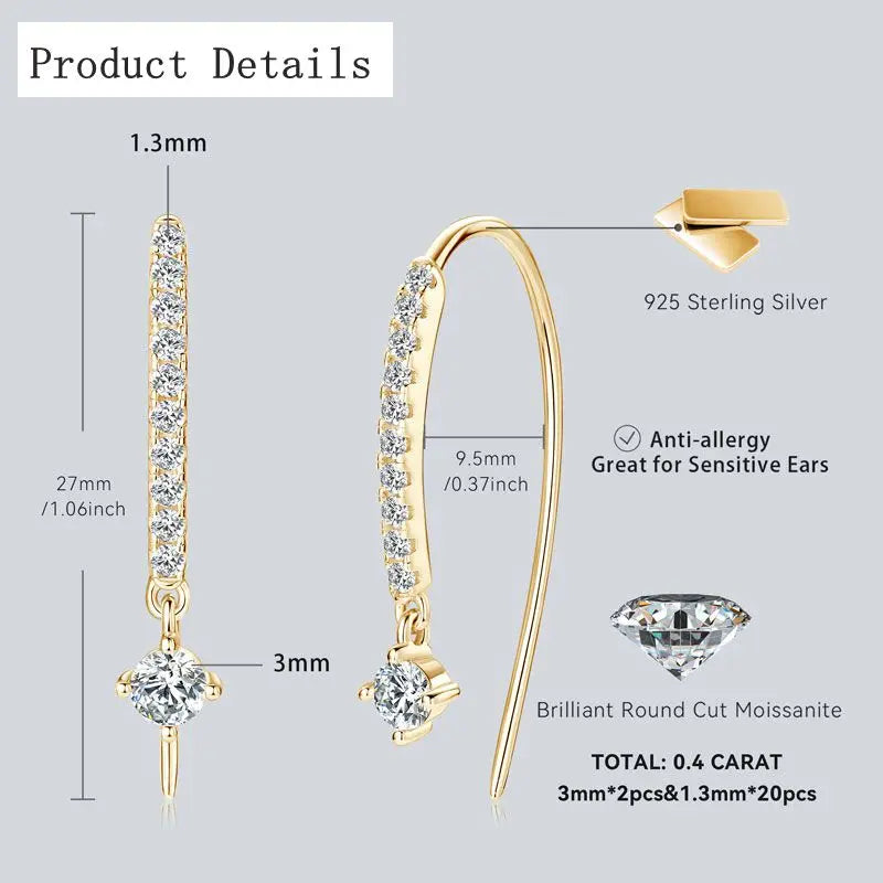 Moissanite Curved Threader Drop Earrings in Sterling Silver