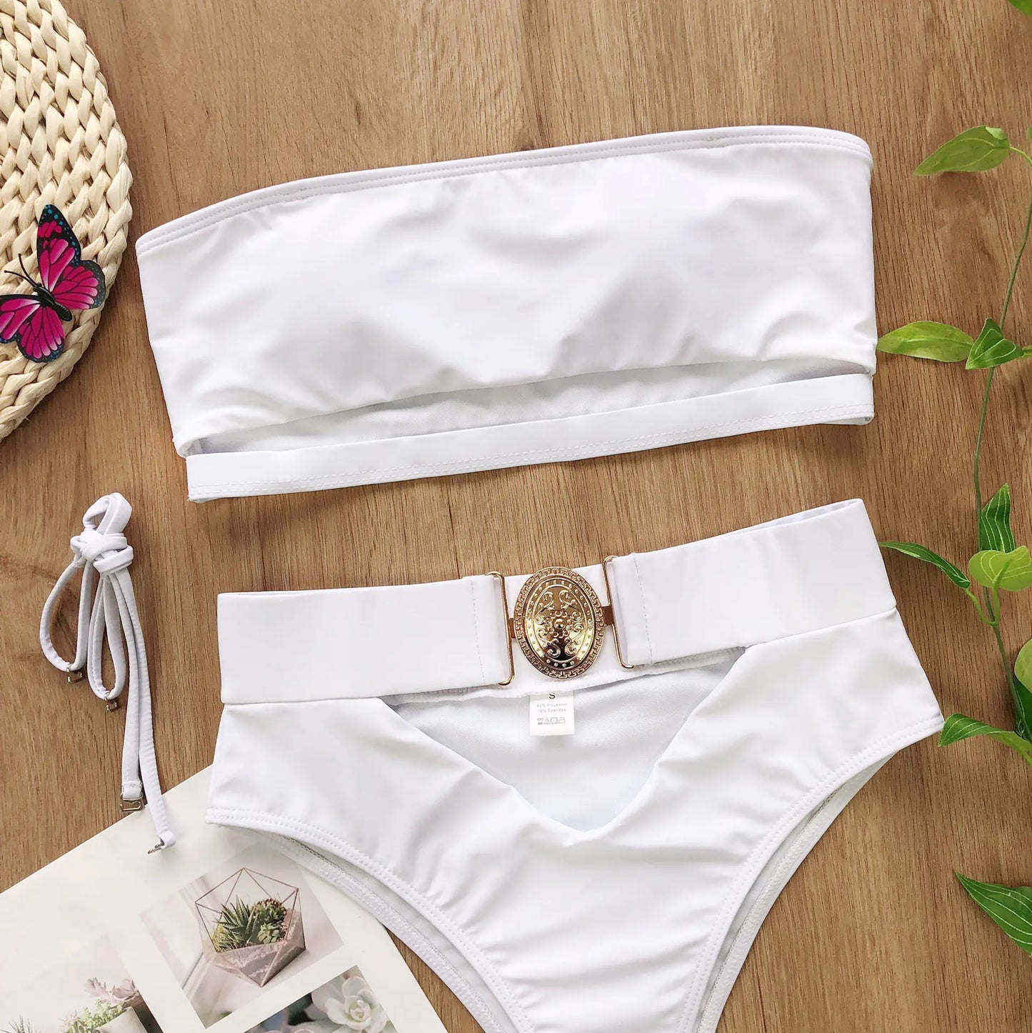 Chic Metal Buckle Strapless Bikini Swimsuit for Women