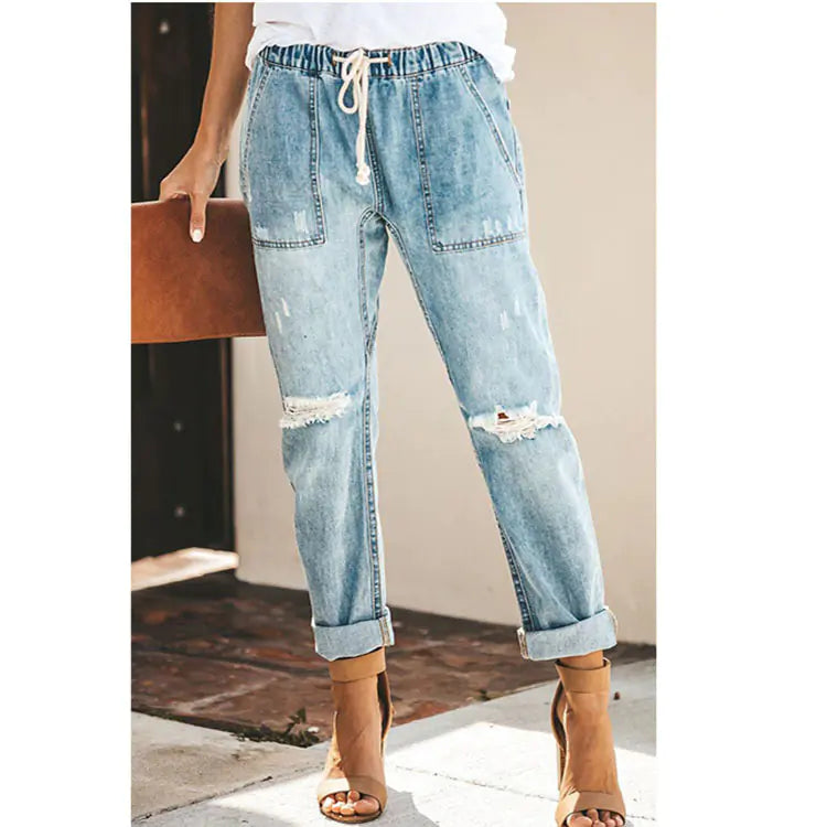 Women's Straight Ripped Jeans with Drawstring and Pockets