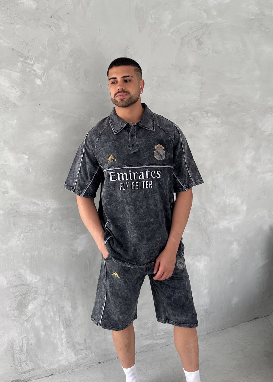 Conjunto de polo y shorts para hombre Washed Club Spirit – Estilo urbano vintage negro y dorado
