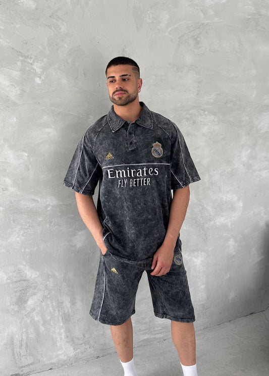 Conjunto de polo y shorts para hombre Washed Club Spirit – Estilo urbano vintage negro y dorado
