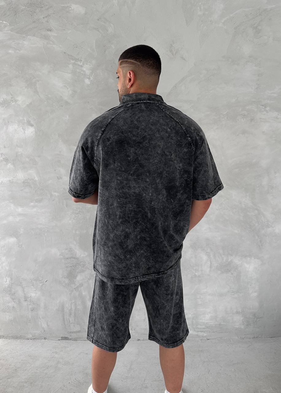 Conjunto de polo y shorts para hombre Washed Club Spirit – Estilo urbano vintage negro y dorado