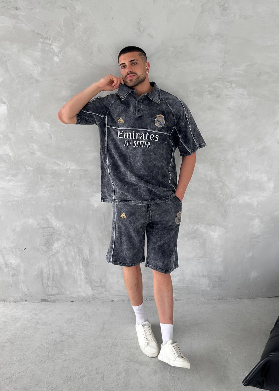 Conjunto de polo y shorts para hombre Washed Club Spirit – Estilo urbano vintage negro y dorado
