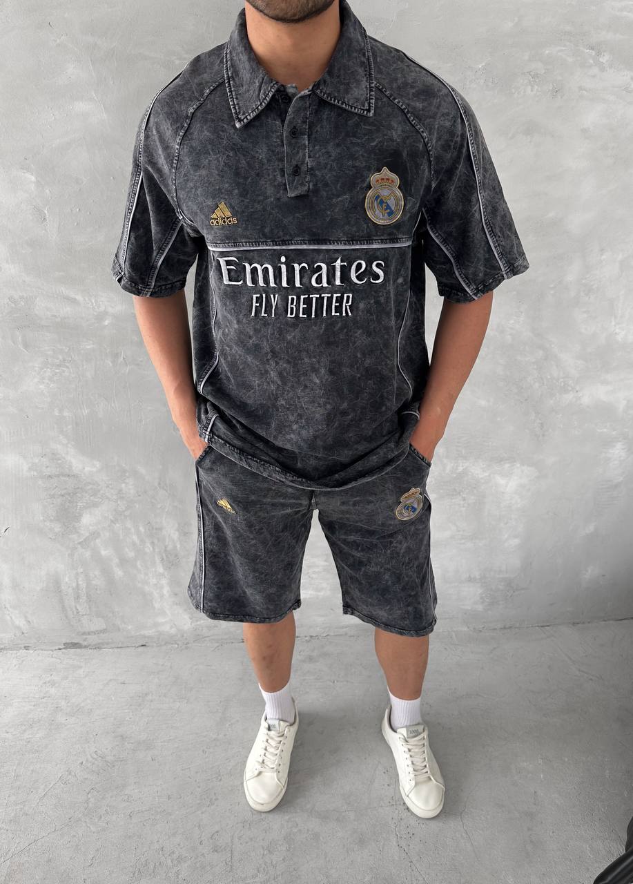 Conjunto de polo y shorts para hombre Washed Club Spirit – Estilo urbano vintage negro y dorado