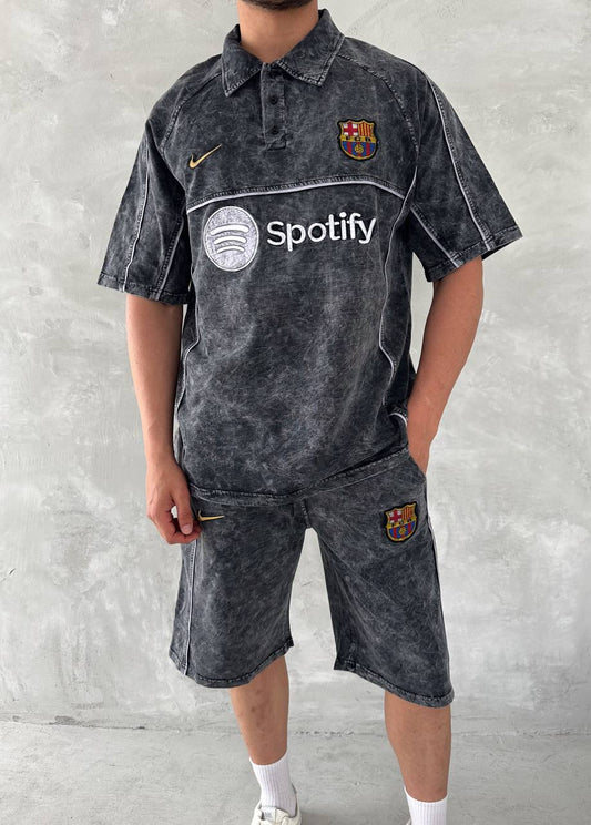 Conjunto de Polo y Shorts de Hombre Washed Spirit – Ropa de Club Retro Gris con Costuras en Contraste