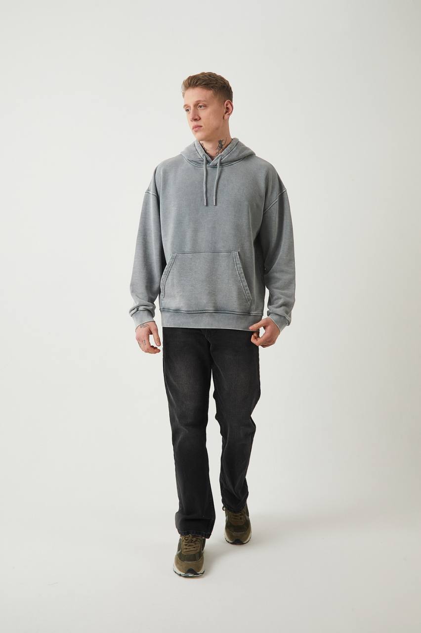 Sudadera con capucha oversize lavada unisex - Sudadera lisa de algodón grueso - Gris