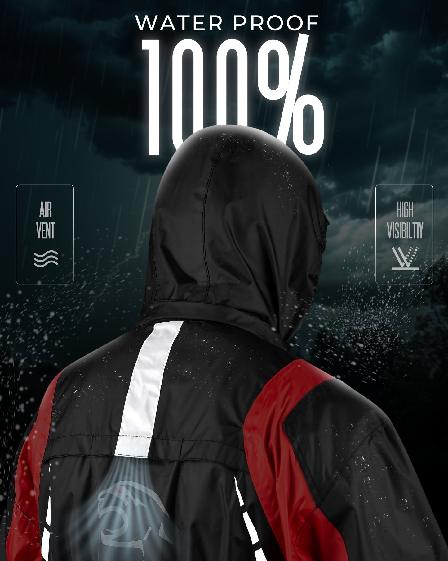 Traje de lluvia JAG Rainmaster para hombres y mujeres (Negro Rojo)