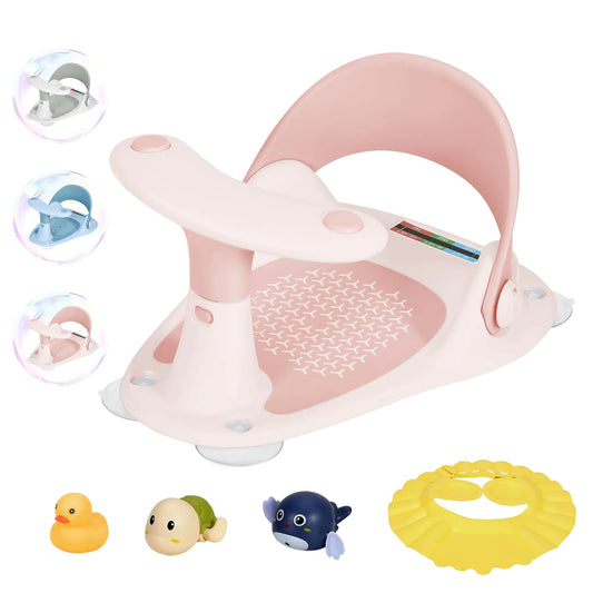 Wddbb Baby Bath Seat 6-24 Months | Baby Bath Support | Toddler Bath Seat with Water Thermometer | 4 Strong Suction Cup/3 Bath Toys/Shower Cap Baby Bath Seats for Sitting up in The tub(Pink) - # BAGE11110014