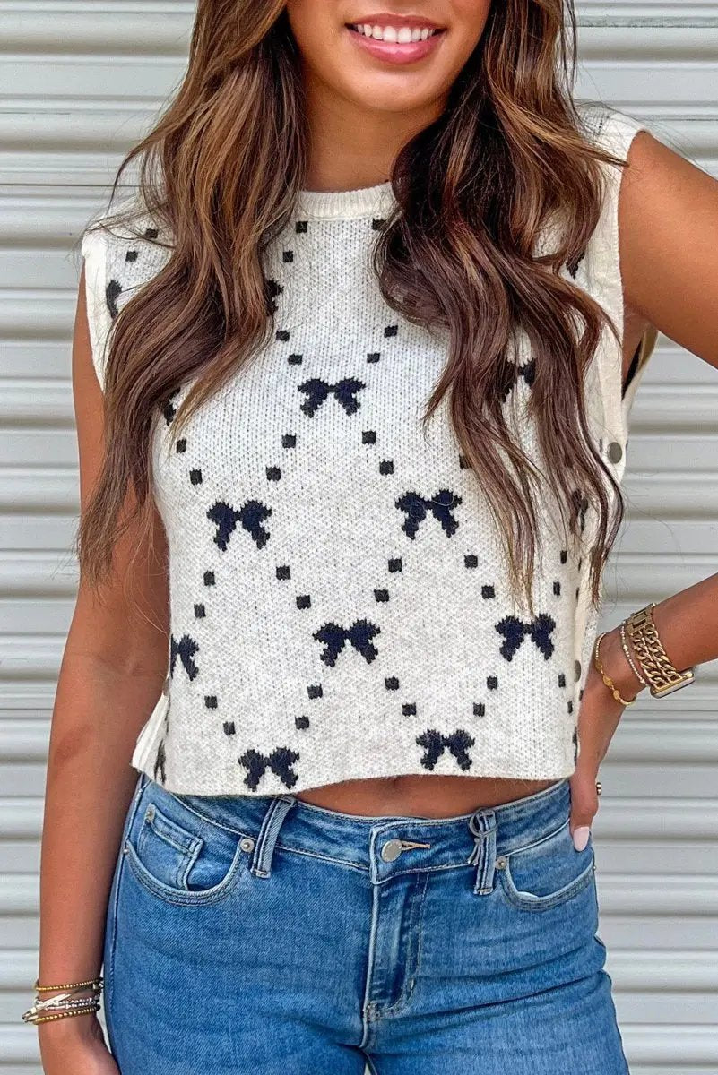 Love Salve White Bow Cropped Sweater Vest — Sleeveless Summer Top