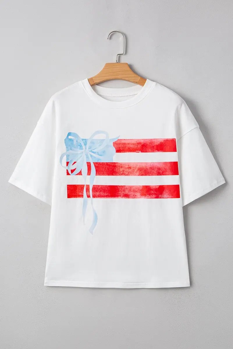 T-Shirts Love Salve White Bow Graphic Tee Casual Style Women's Crewneck Top - Soft & Comfy