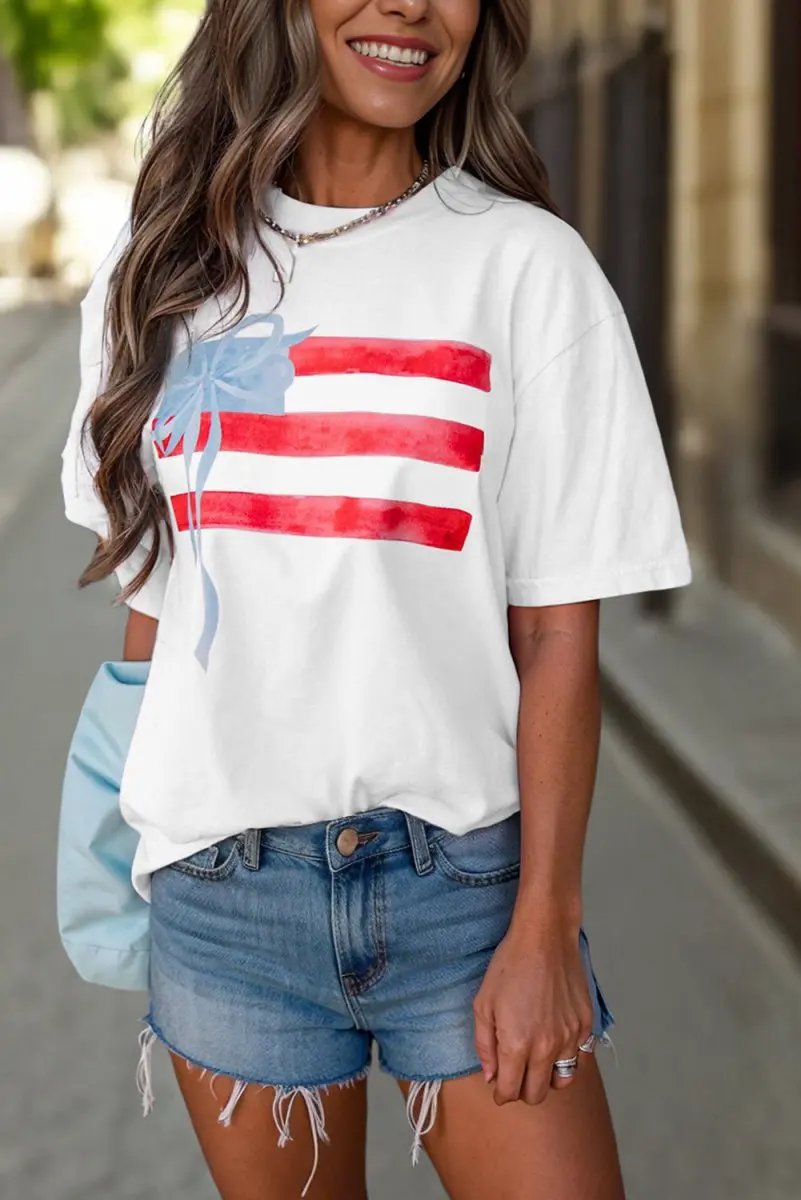 T-Shirts Love Salve White Bow Graphic Tee Casual Style Women's Crewneck Top - Soft & Comfy