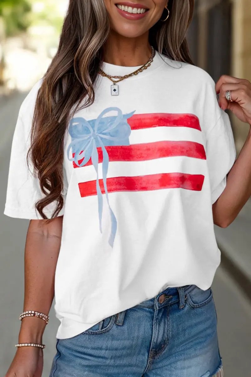 T-Shirts Love Salve White Bow Graphic Tee Casual Style Women's Crewneck Top - Soft & Comfy