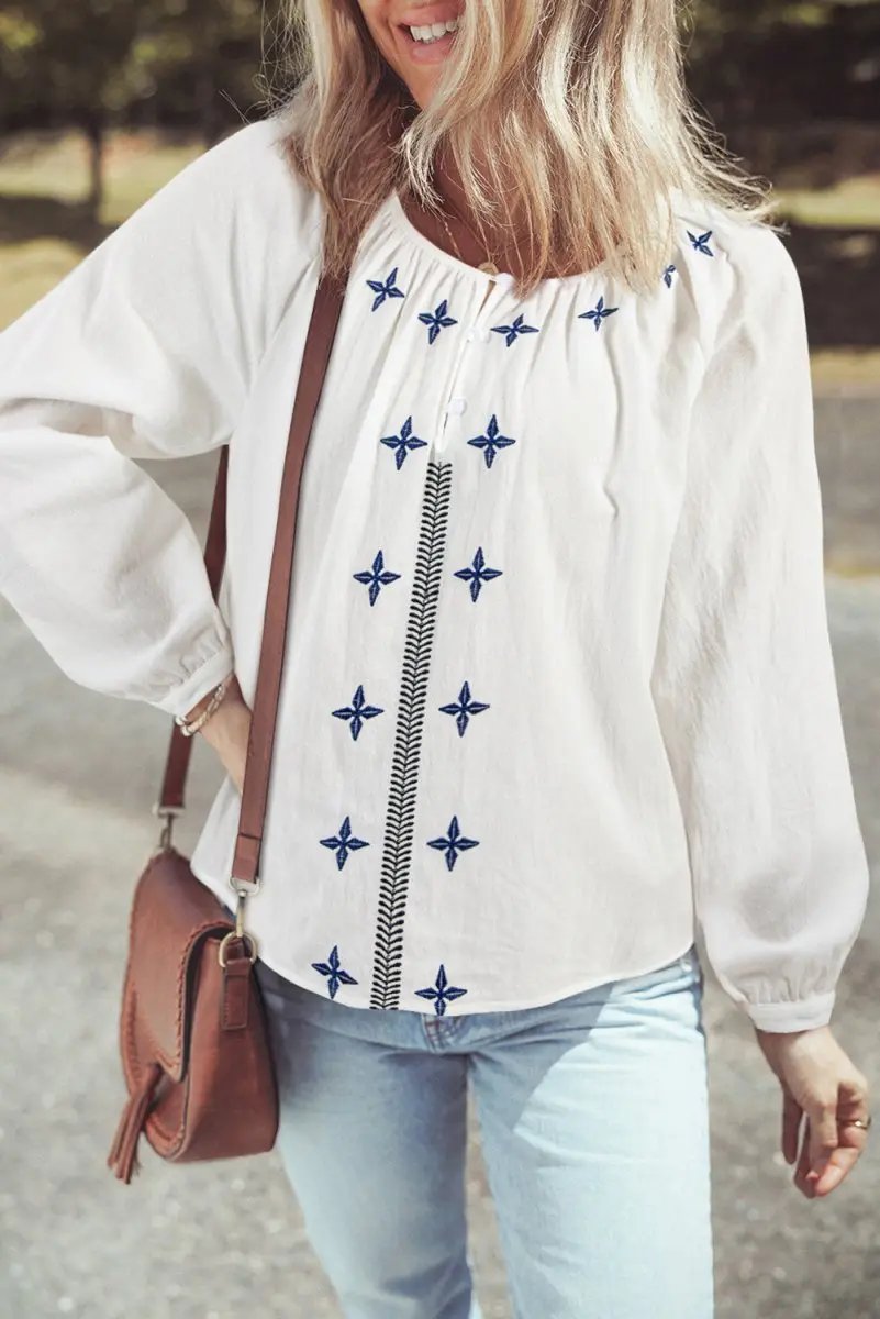 Tops/Blouses & Shirts Love Salve White Embroidered Blouse Women's Daily Bohemian Cotton Linen Top - Spring Style
