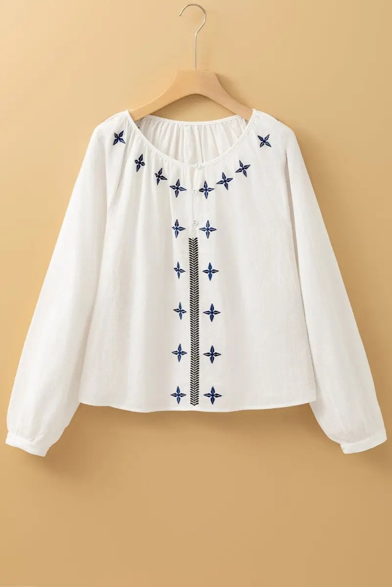 Tops/Blouses & Shirts Love Salve White Embroidered Blouse Women's Daily Bohemian Cotton Linen Top - Spring Style