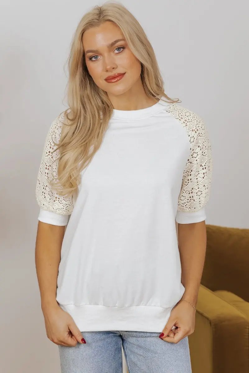 Pants Love Salve White Lace Crochet Women's Tee Daily Elegant T-Shirt Breathable, Summer
