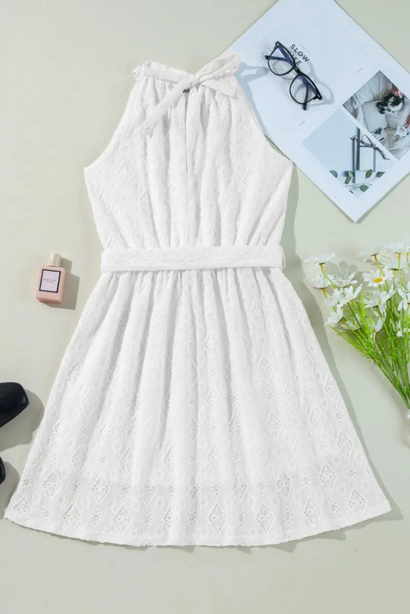 Dresses Love Salve White Lace Mini Dress Women's Vacation A-Line Casual Dress - Knot Back, Sleeveless