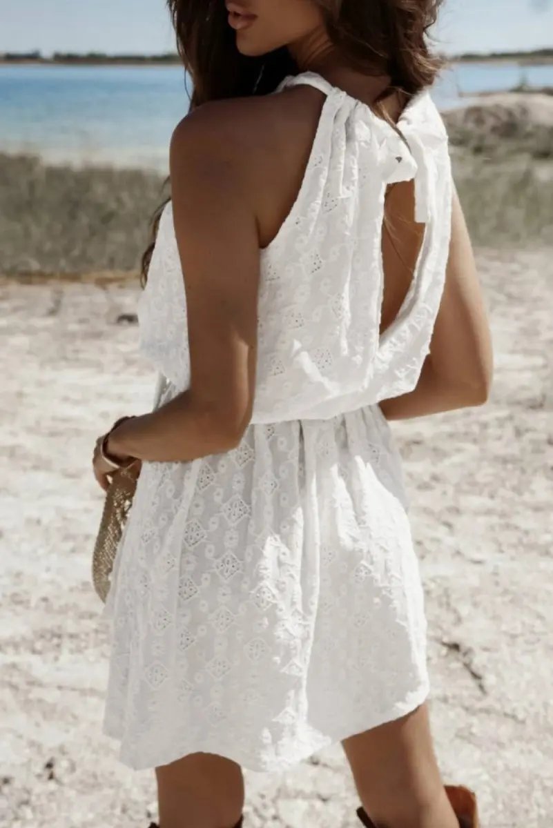 Dresses Love Salve White Lace Mini Dress Women's Vacation A-Line Casual Dress - Knot Back, Sleeveless