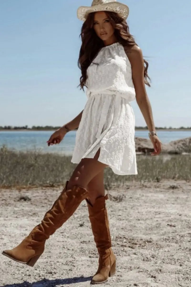 Dresses Love Salve White Lace Mini Dress Women's Vacation A-Line Casual Dress - Knot Back, Sleeveless