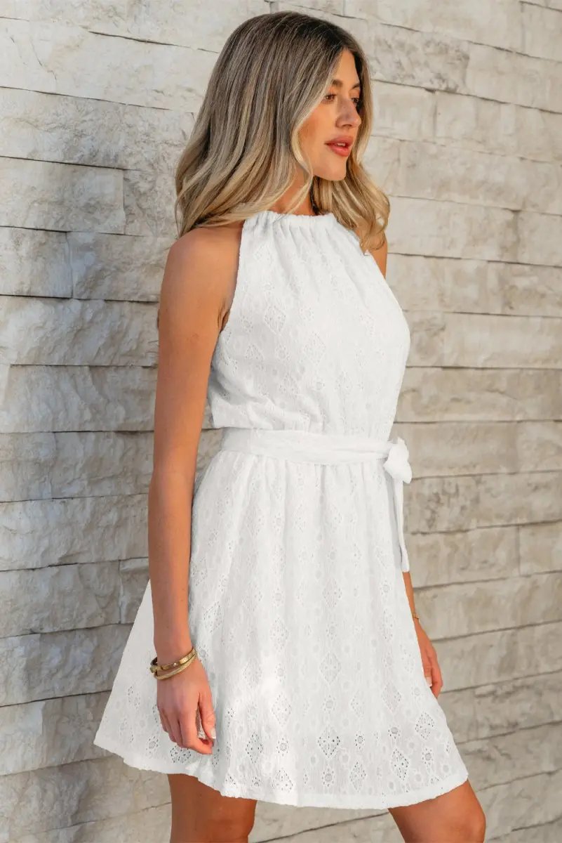 Dresses Love Salve White Lace Mini Dress Women's Vacation A-Line Casual Dress - Knot Back, Sleeveless