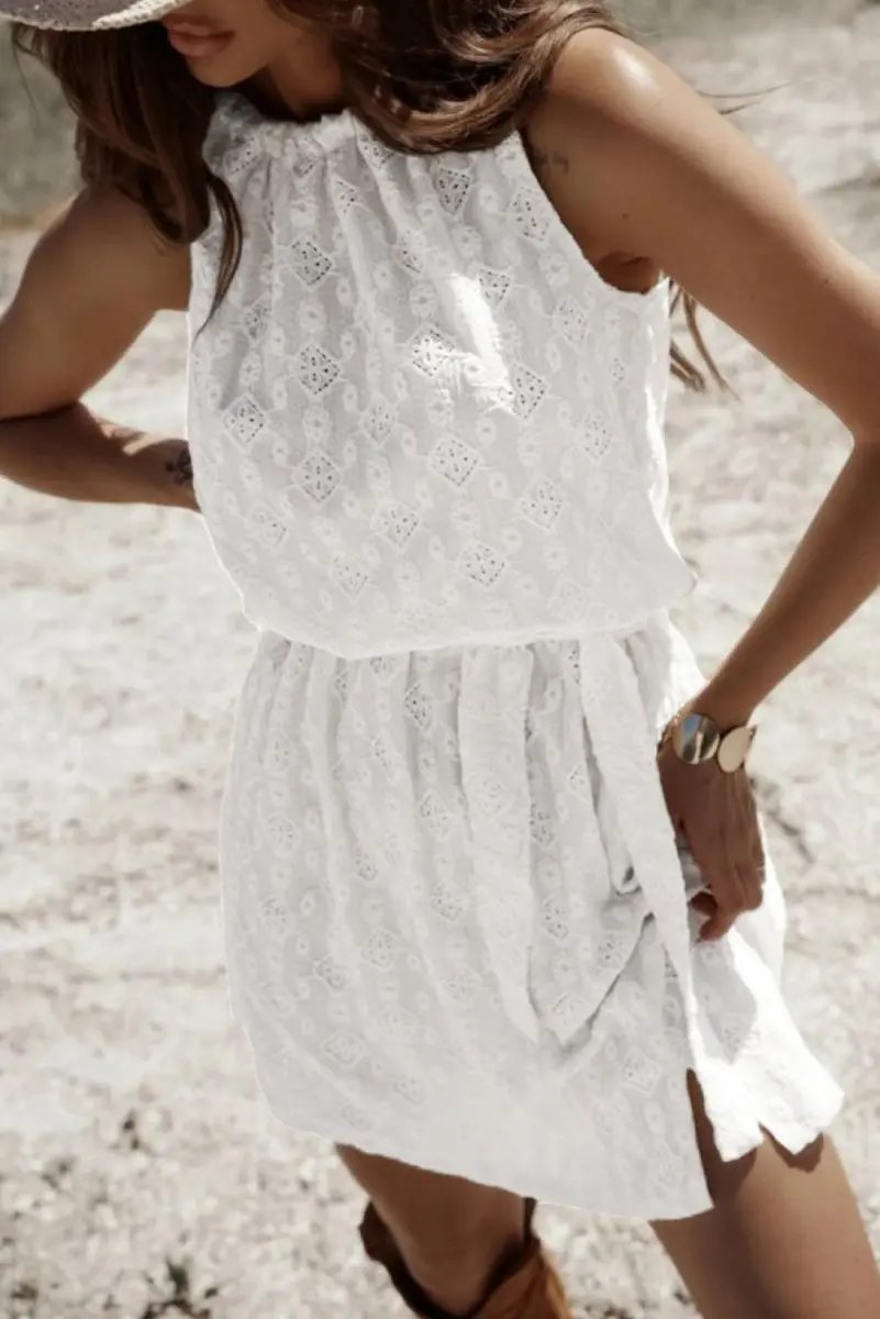 Dresses Love Salve White Lace Mini Dress Women's Vacation A-Line Casual Dress - Knot Back, Sleeveless