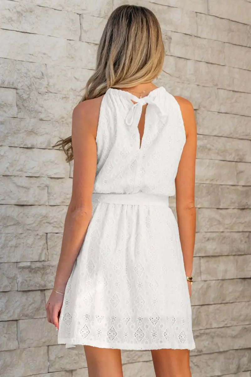 Dresses Love Salve White Lace Mini Dress Women's Vacation A-Line Casual Dress - Knot Back, Sleeveless