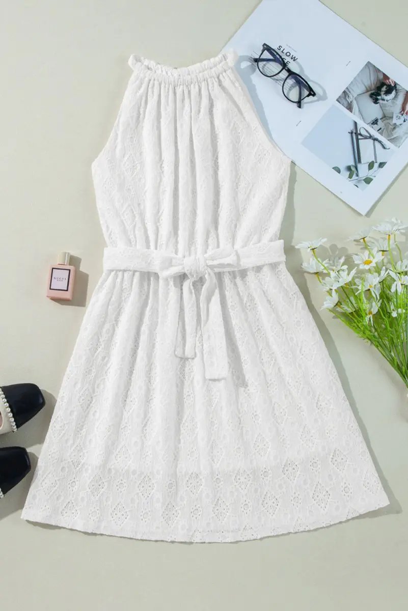 Dresses Love Salve White Lace Mini Dress Women's Vacation A-Line Casual Dress - Knot Back, Sleeveless