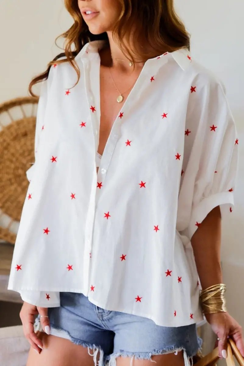 Accessories Love Salve White Star Print Shirt Women's Summer Casual Top Loose Fit