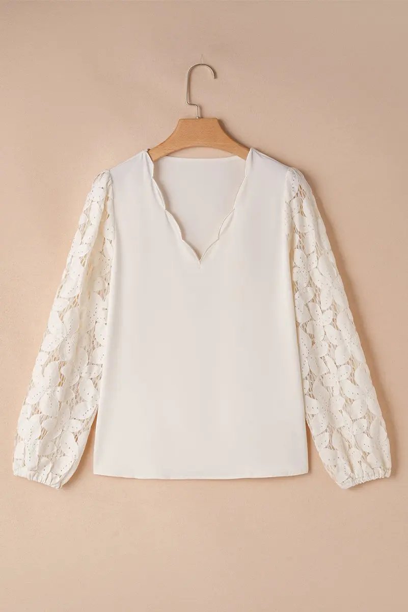 Accessories Love Salve White Lace Blouse Women's Daily Elegant Top: Scalloped V-Neck, Lantern Sleeves