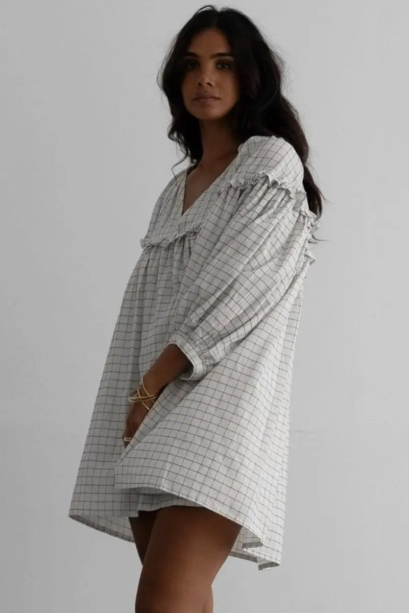 Dresses Love Salve Checkered Mini Dress Women's Spring Babydoll Dress Frilled V Neck Cute
