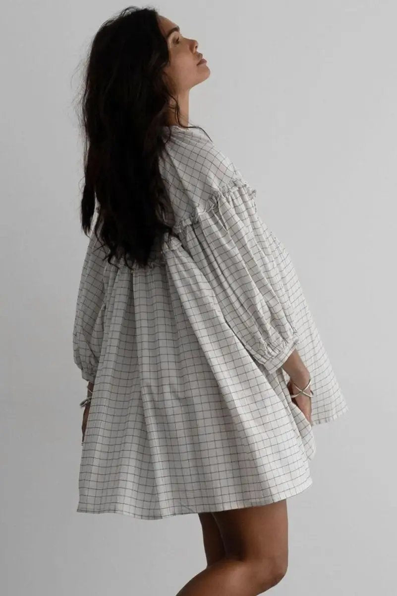 Dresses Love Salve Checkered Mini Dress Women's Spring Babydoll Dress Frilled V Neck Cute