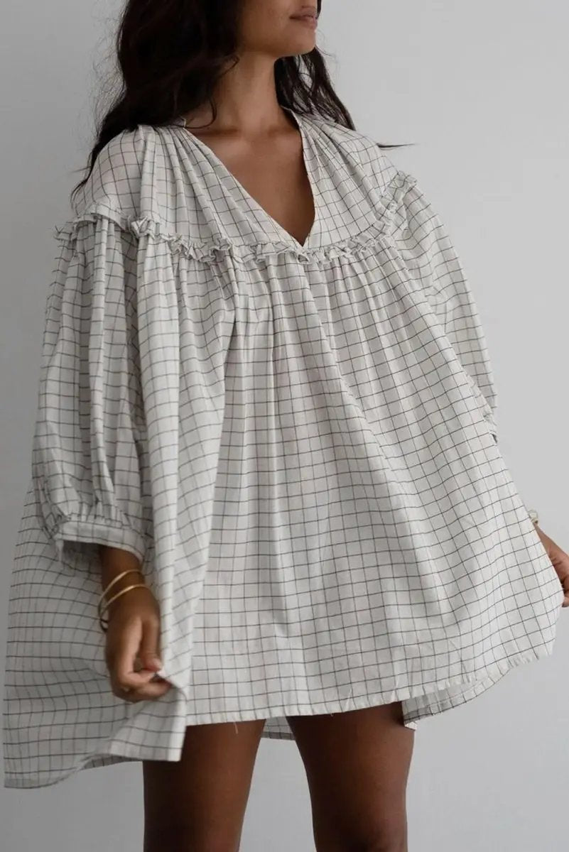 Dresses Love Salve Checkered Mini Dress Women's Spring Babydoll Dress Frilled V Neck Cute