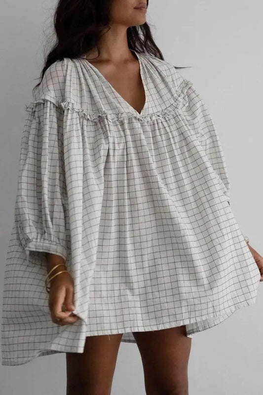 Vestido mini a cuadros Love Salve para mujer, vestido babydoll primaveral, cuello en V con volantes, bonito