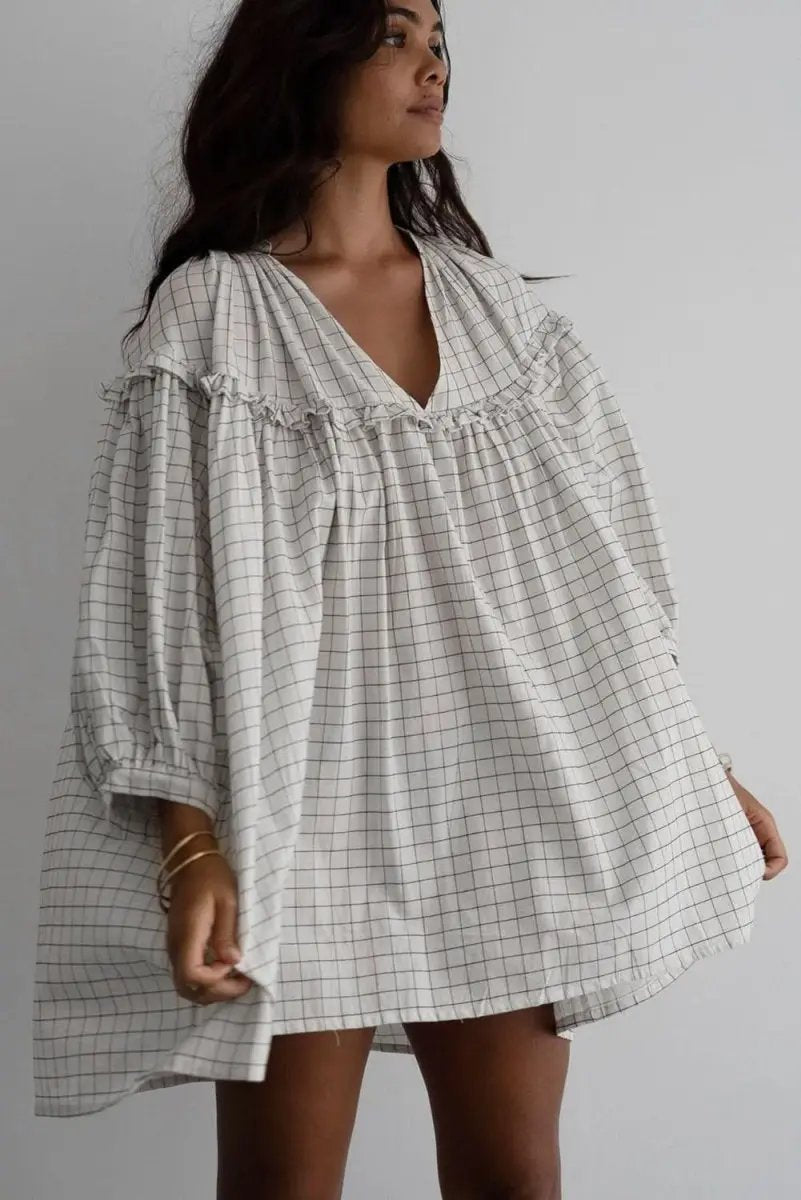 Dresses Love Salve Checkered Mini Dress Women's Spring Babydoll Dress Frilled V Neck Cute