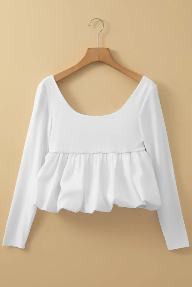 Pants Love Salve White U-Neck Top Women's Daily Wear Blouse Elegant, Bubble Hem