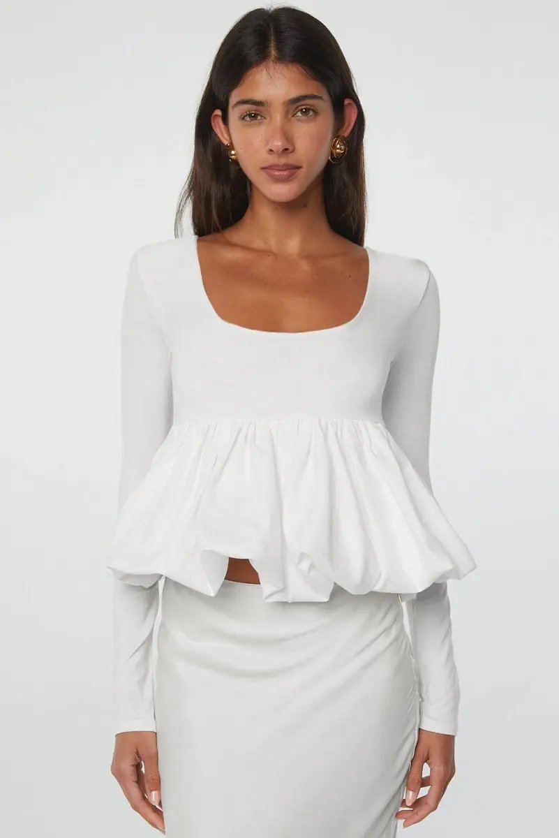 Pants Love Salve White U-Neck Top Women's Daily Wear Blouse Elegant, Bubble Hem